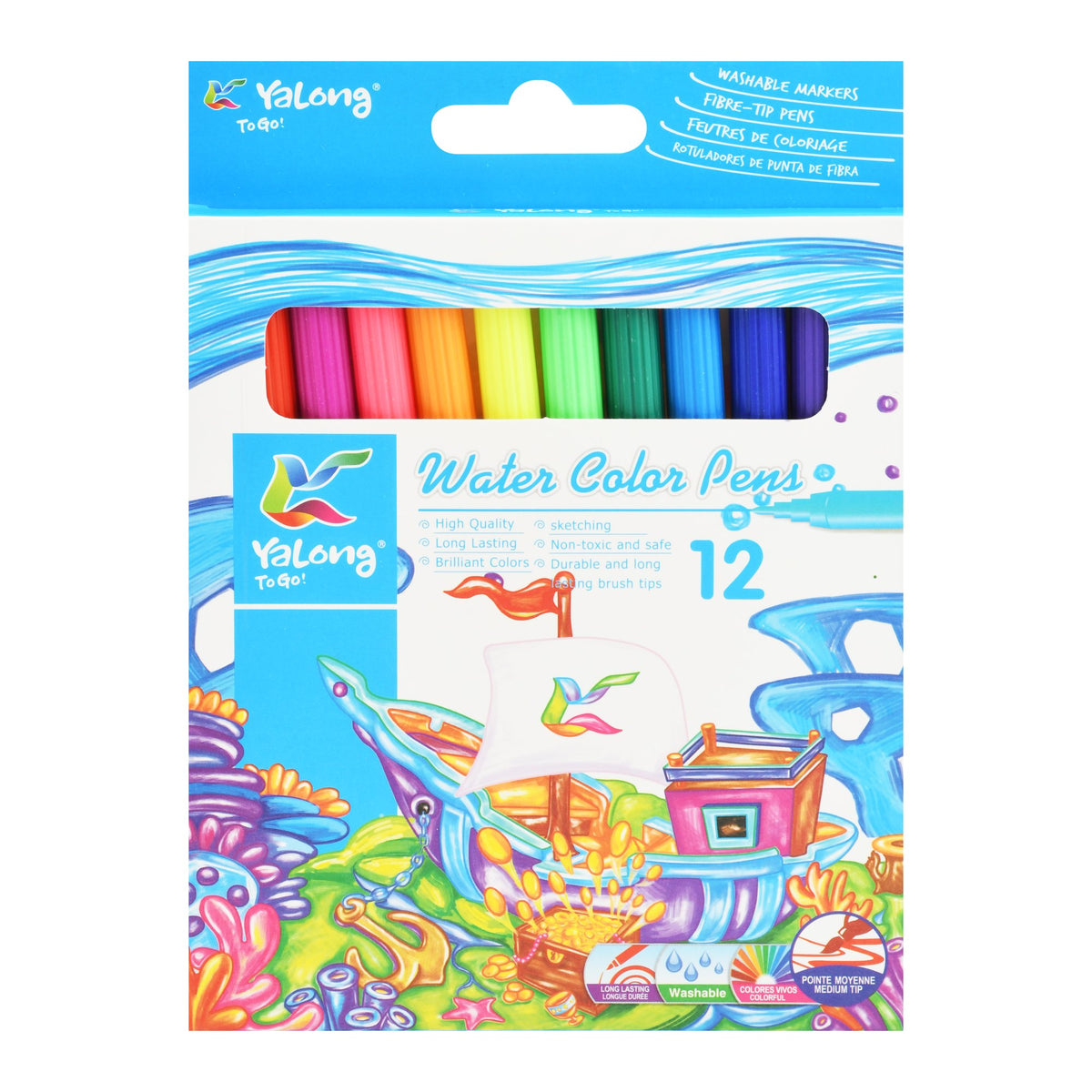 Yalong Watercolour Fibre-Tip Pens – 12 Colours