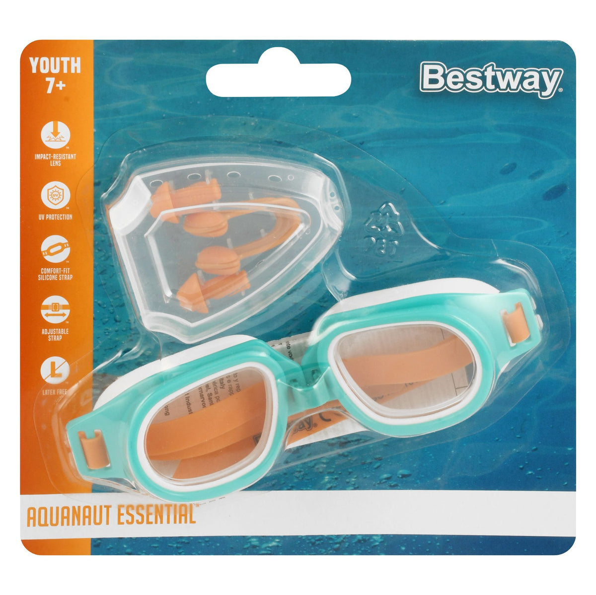 Bestway Aquanaut Essential Green & Orange Swimming Goggles with Nose Clip & Ear Plug for Youth