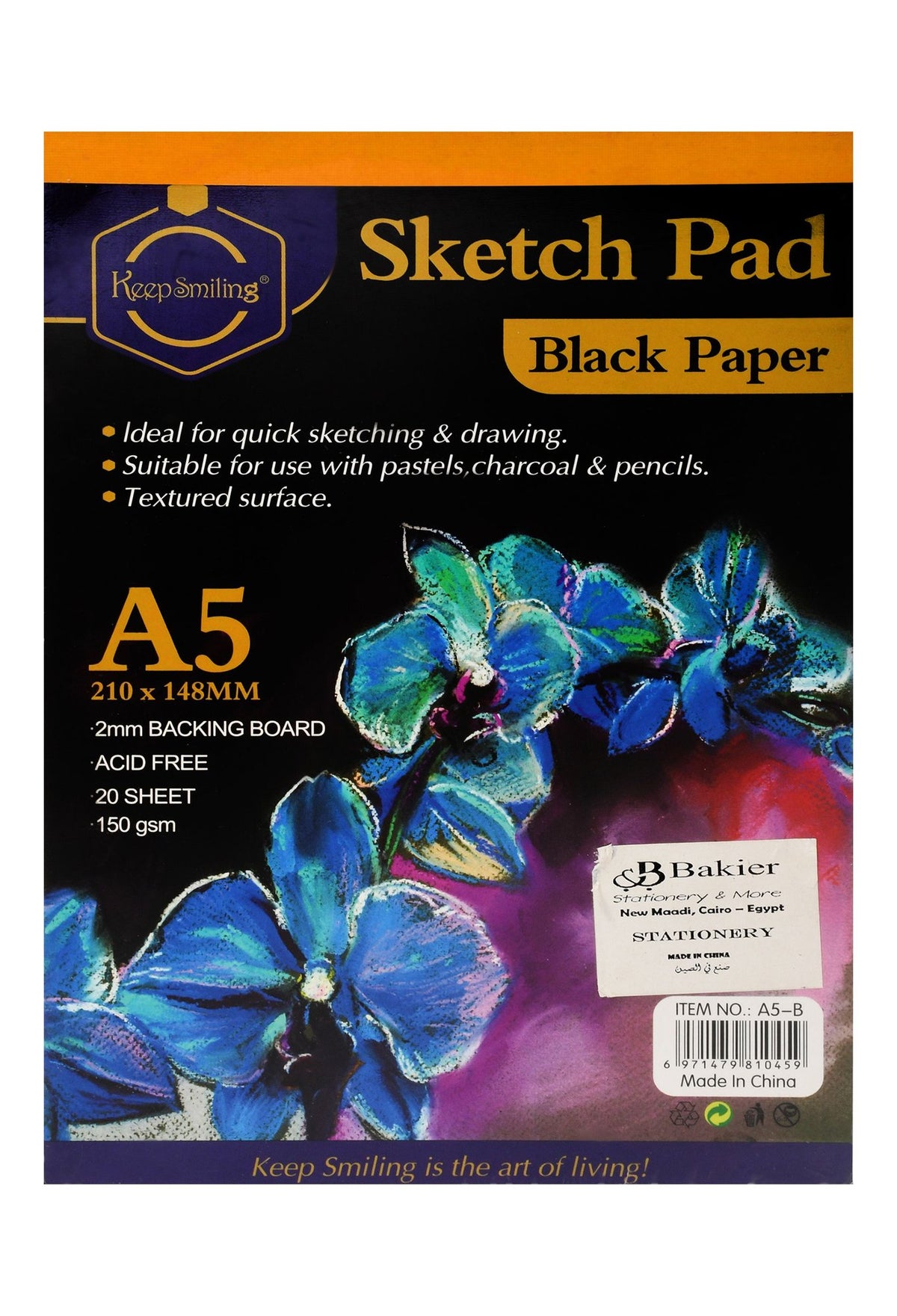 Keep Smiling A5 Black Flower Print Sketch Pad – 20 Sheets
