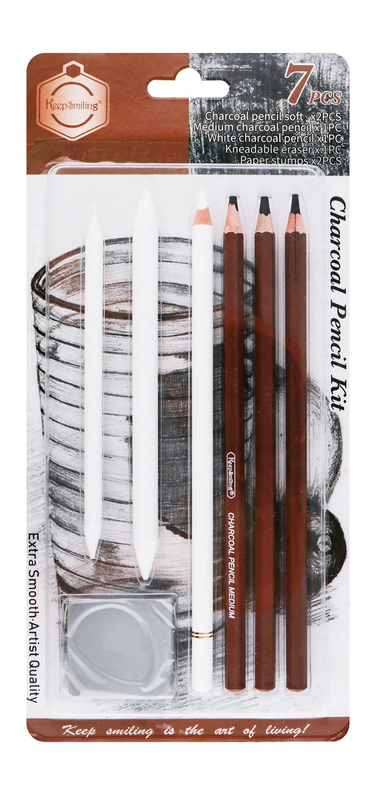 Keep Smiling Charcoal Set – 3 Pencils + Blending Stump + Eraser
