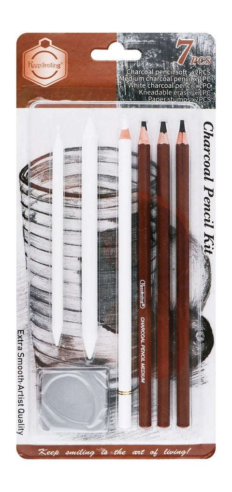 Keep Smiling Charcoal Set – 3 Pencils + Blending Stump + Eraser