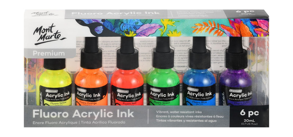 Mont Marte Fluorescent Acrylic Drawing Ink – 6 × 20 ml